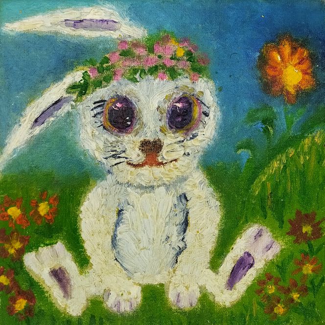 Bunny in a Flower Crown 15×15 cm (6×6 in), oil, impasto(a11)