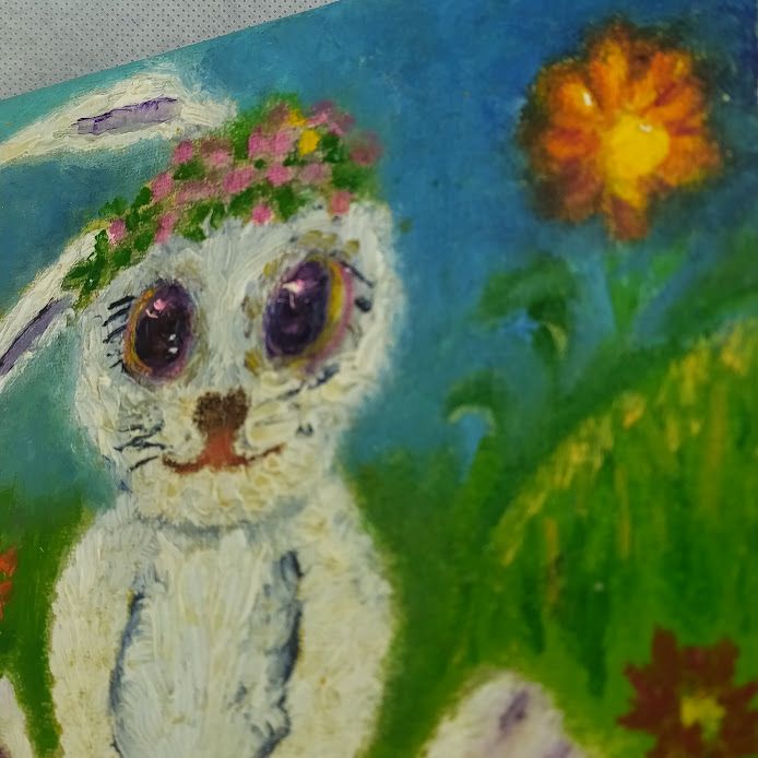 Bunny in a Flower Crown 15×15 cm (6×6 in), oil, impasto(a11) - Image 2